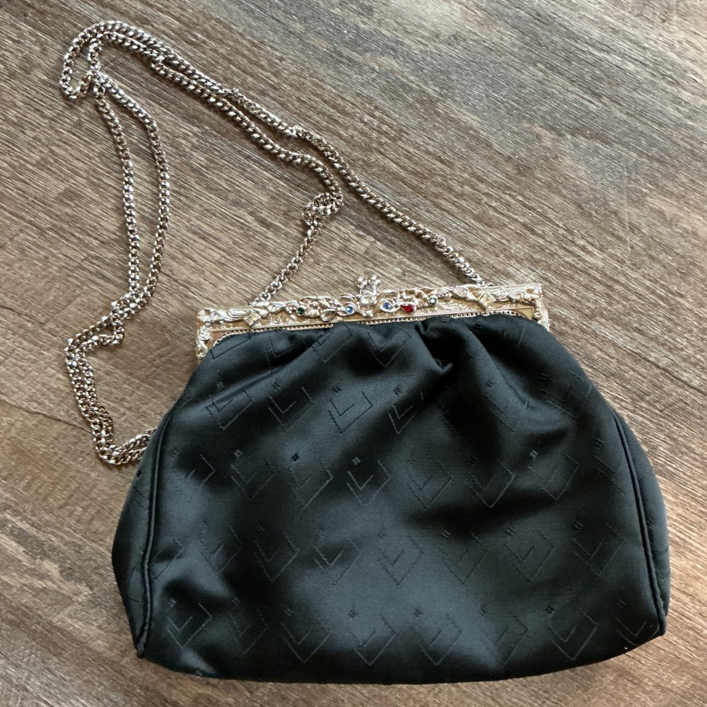 Whiting and Davis Black Satin Evening Bag Jeweled Floral Frame Chain Strap